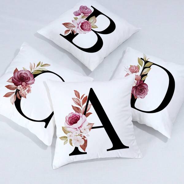 غطاء وسادة مطبوع بسلسلة الحروف والزهور 1 قطعة، وسادة مربعة من الفيلفيت الخاص بالخوخ بتصميم عصري بسيط وغطاء سادة مخفي بسحاب مناسبة لديكور غرف المعيشة الأريكة غرف نوم السرير