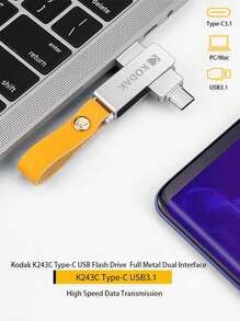 Kodak 柯達 1入組 K243C 金屬 USB3.1 和 Type-C 閃存盤 32GB 64GB 128GB USB 閃存盤帶掛繩 - 黃色 - 查看 2