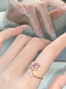 1 件婚礼新娘伴娘戒指，可调节，粉色心形星形人造珍珠和金戒指，适合婚礼、派对、情侣、朋友、日常佩戴复古情人节