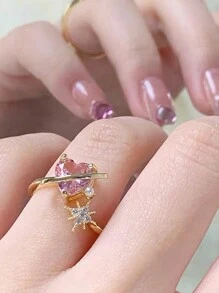 1 件婚礼新娘伴娘戒指，可调节，粉色心形星形人造珍珠和金戒指，适合婚礼、派对、情侣、朋友、日常佩戴复古情人节