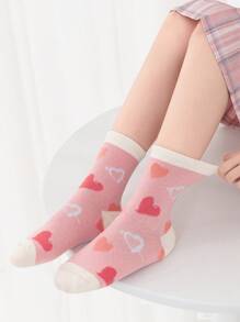 5 đôi tất trẻ em gái, sọc hồng và họa tiết trái tim, tất cổ tròn mềm mại, thoải mái, dễ thương, thích hợp để mặc hàng ngày vào mùa thu/đông hoặc làm quà tặng ngày lễ tình nhân - Nhiều màu - Xem 2