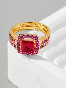 2pcs Simple & Elegant 925 Sterling Silver & Cubic Zirconia Rings For Women's Daily & Festival Wear - Yellow Gold - View 3