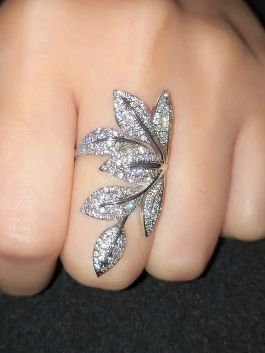 1枚奢华叶形立方氧化锆戒指，女士婚礼订婚派对珠宝，情人节礼物 - 銀色 - 查看 1