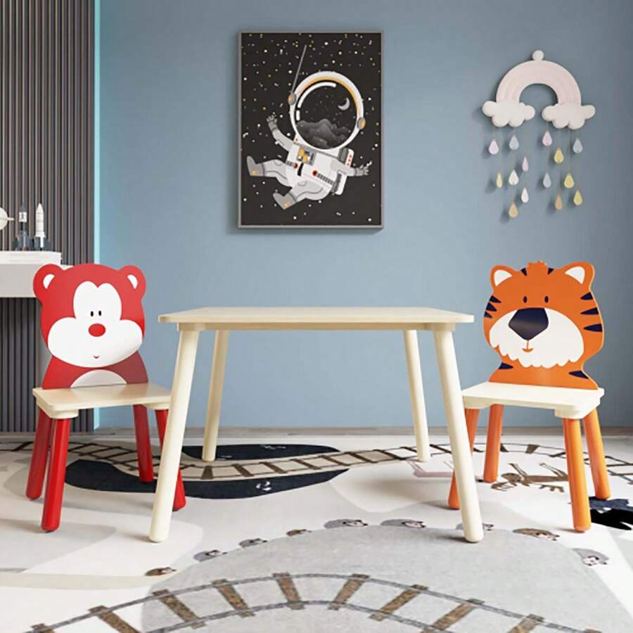 Kids Table and 2 Chairs Set, 3 Pieces Toddler Table and Chair Set, Wooden Activity Play Table Set - Gấu & Hổ - Xem 1