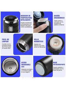 Termo Inteligente 400 ml, Botella de Agua Deportiva de Vacío Aislada, Mantiene el Calor y el Frío Durante 6 Horas, Termo para Cafa de Acero Inoxidable y Termo a Prueba de Fugas Taza de Café de Viaje - Negro - Ver 6