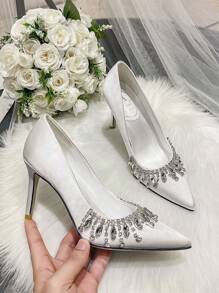 Zapatos De Novia Blancos De Seda Con Flecos Y Pedrería, Tacones Altos Para Bodas, Oficina, Banquetes Y Fiestas De Cóctel - Blanco - Ver 4