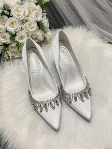 Zapatos De Novia Blancos De Seda Con Flecos Y Pedrería, Tacones Altos Para Bodas, Oficina, Banquetes Y Fiestas De Cóctel - Blanco - Ver 2