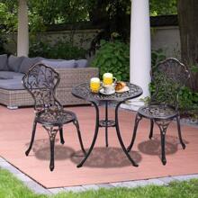 Balcony Set, Garden Set With Rose Motif, Round Garden Table With 2 Chairs, Weatherproof Garden Furniture, Made Of Cast Aluminum And Cast Iron, For Balcony Terrace Garden (Leaves) - Rust Brown - View 2