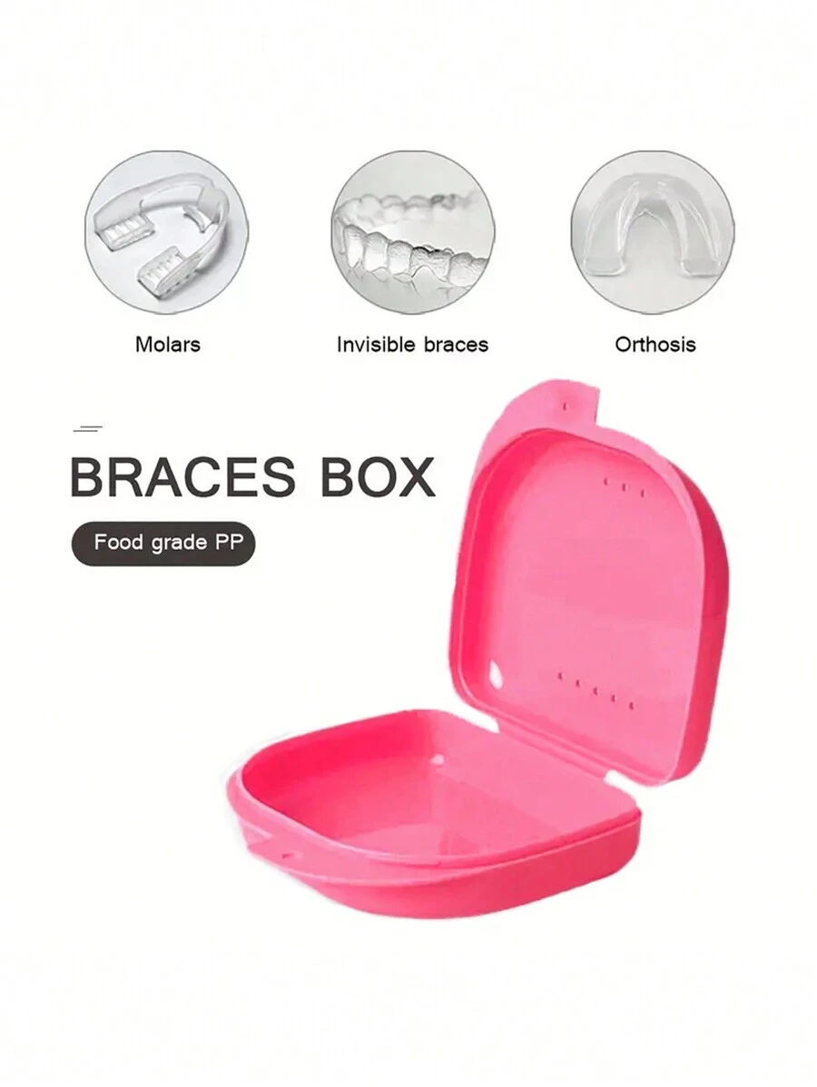 1pc Dental Orthodontic Retainer Denture Storage Case Box, Mouthguard ContainerStorage Bag - Pink - View 1