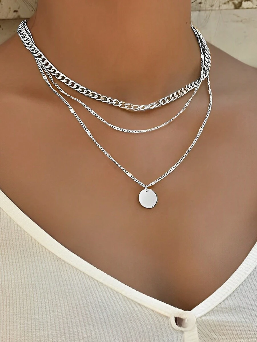 1pc Simple & Classic Retro Round Pendant Multiple Layers Necklace Suitable For Women Daily Wear - Silver - View 1