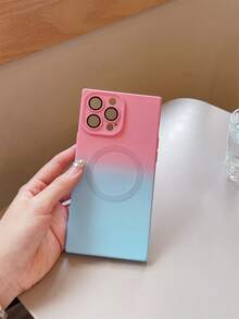 1 pieza de Funda de teléfono rosa y azul degradado pintada con spray con bordes cuadrados y parte posterior circular, compatible con los modelos de iPhone, protege la cámara de daños - Multicolor - Ver 2