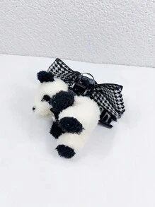 1入女式玫瑰紅色發卡髮夾，帶有蓬鬆細節，可用於包子頭和髮卡造型配飾 - 黑與白 - 查看 3