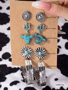 5 Pairs Western  Style Cow Head Cactus Stud Earrings Large Hoops Set for Women - Antique Silver - View 4