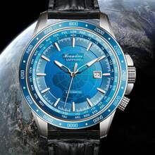 GMT Automatic Mechanical Movement World Map Man Watch 3D Relief Big Dial 50Bar Auto Date Waterproof Sapphire Luminous WristWatch - Blue - View 1