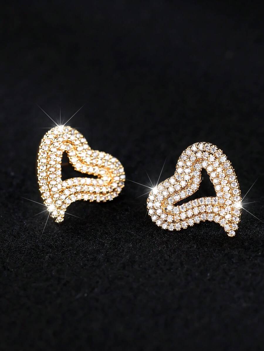 Vanel 1pair Luxurious Heart & Rhinestone Stud Earrings For Women, Fashionable And Exquisite Jewelry For Date, Party And As A Gift For Girlfriend Or Valentine's Day Valentines,Mom,Mother,Mother's Day,Gift - Yellow Gold - View 1