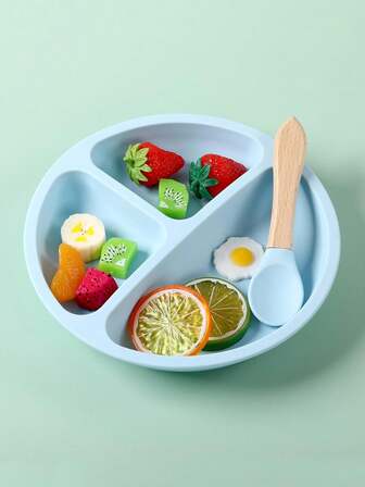 1 套/2 件木勺和铲子以及带餐垫的分体式硅胶婴儿餐盘和碗套装，适用于洗碗机和微波炉，适合幼儿和儿童