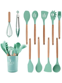 FANOVA Set 12 espatulas utensilios de cocina de silicona con mango de madera - Verde Oscuro - Ver 2