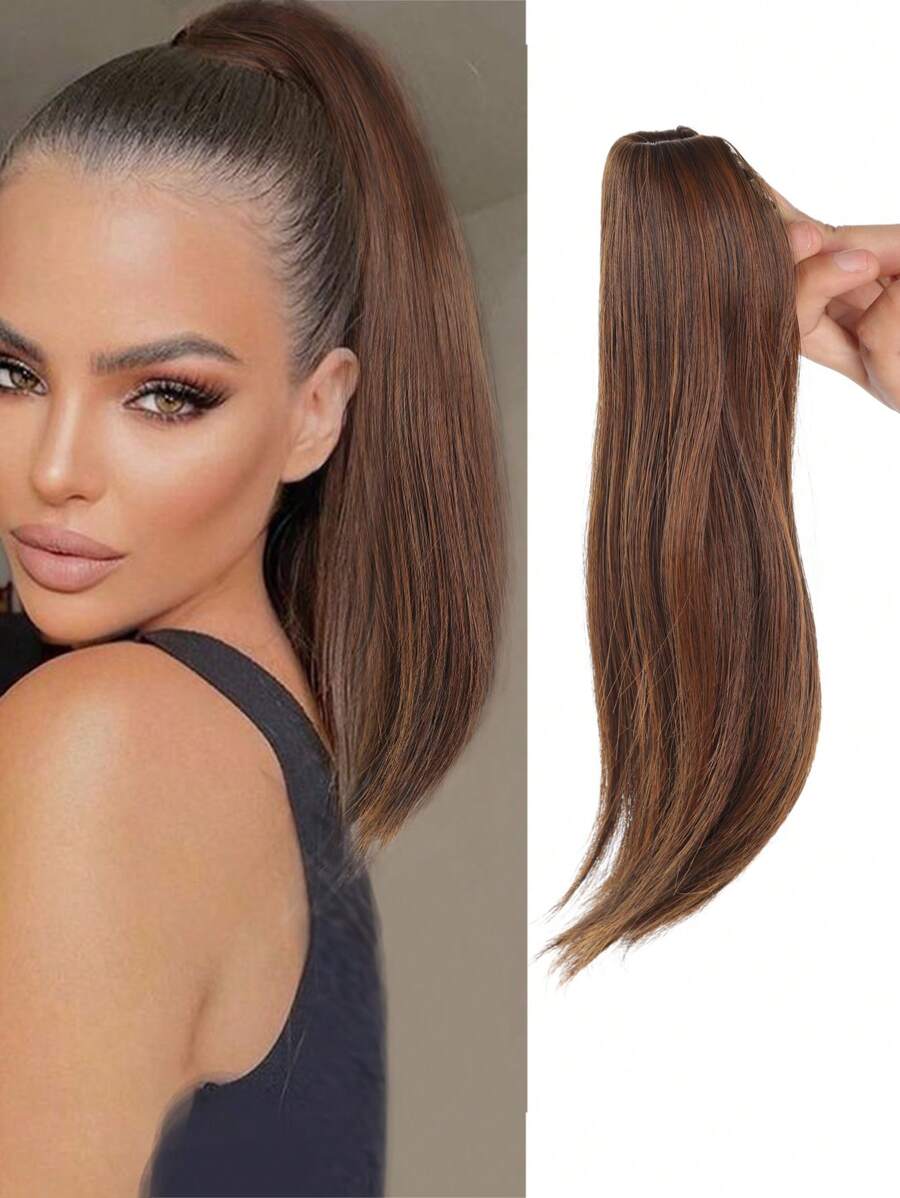 Tóc giả đuôi ngựa kẹp tổng hợp, tóc giả ngắn thẳng tự nhiên, tóc giả buộc đuôi ngựa màu đen/nâu cho nữ - Light Brown - Xem 1