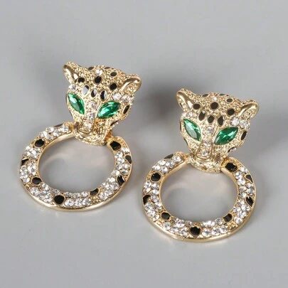 1pc Fashion Full Rhinestones & Emerald Glass Leopard Head Earrings, Elegant Dangle Earrings Suitable For Women, Gift For Friend, Holiday, Formal Event, Travel, Dating, Catwalk