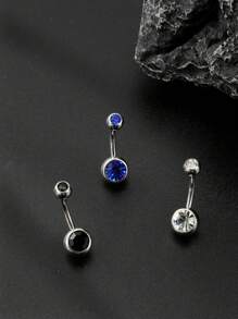 3pcs Simple Style Stainless Steel & Rhinestone Navel Rings For Men, Birthday Gift - Multicolor - View 2