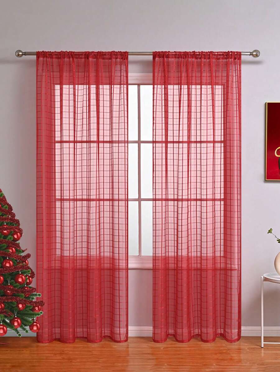 1pc Plaid Pattern Window Curtains, Suitable For Living Room & Bedroom - Red - View 1