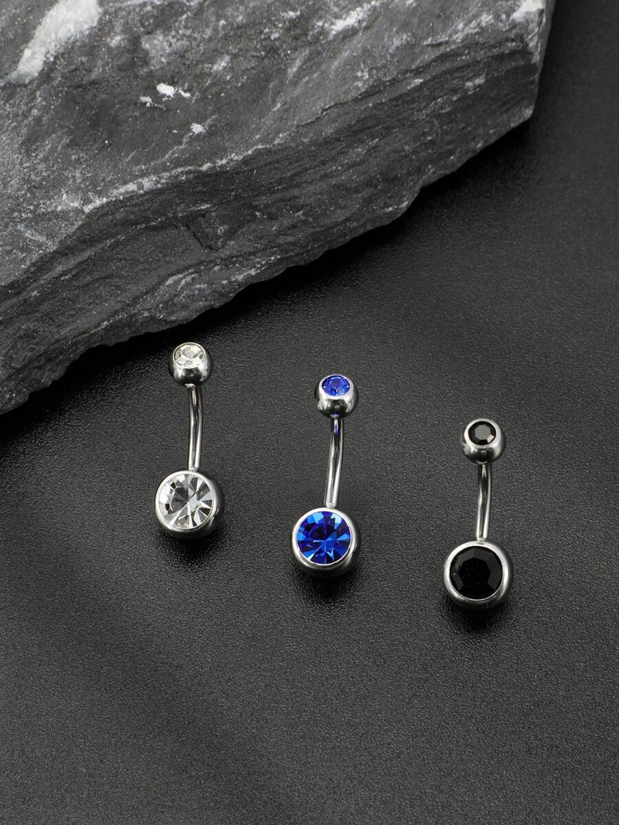 3pcs Simple Style Stainless Steel & Rhinestone Navel Rings For Men, Birthday Gift - Multicolor - View 1