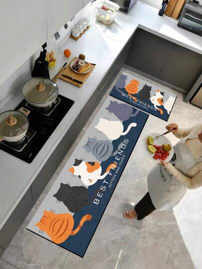 พรมปูพื้น การ์ตูน สไตล์ ซึมซับดีเยี่ยม & กันลื่น & ง่าย ถึง สะอาด ครัว พร้อม น่ารัก แมว & แห้งเร็ว ไดอะตอม วัสดุ