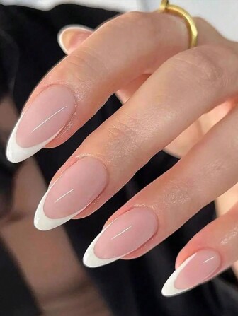 Add A Touch Of Romance 24pcs/Set Medium Sized Waterdrop Shaped Fashionable French Style Simple White False Nails With Jelly Glue & Nail File. Suitable For Daily Wear And Fashion Accessory Press On Nails Nail Supplies