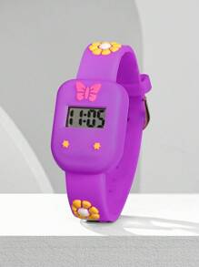 1入組女孩花朵和蝴蝶裝飾TPU錶帶可愛幾何錶盤數字手錶適合日常裝飾 - 紫色 - 查看 1