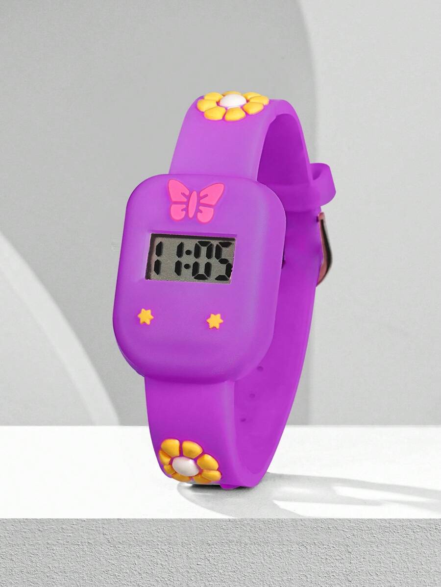 1入組女孩花朵和蝴蝶裝飾TPU錶帶可愛幾何錶盤數字手錶適合日常裝飾 - 紫色 - 查看 1
