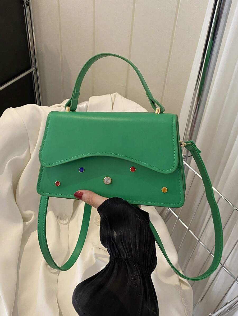 Pu Rhinestone Decorated Solid Color Shoulder Bag With Detachable Strap, Fashionable Square Handbag - Green - View 1