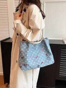 حقيبة يد موضة مصنوعة من قماش النايلون مزينة بطبعات الفراشات، حقيبة كتف ،حقيبة كبيرة السعة للاستخدام اليومي مناسبة للطالبات والنساء العاملات - متعدد الألوان - مشاهدة 3