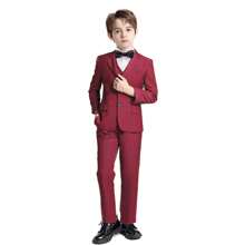 男孩勃艮第四件套西裝套裝，包括西裝外套、褲子、正裝襯衫和領結 - 酒紅色 - 查看 2