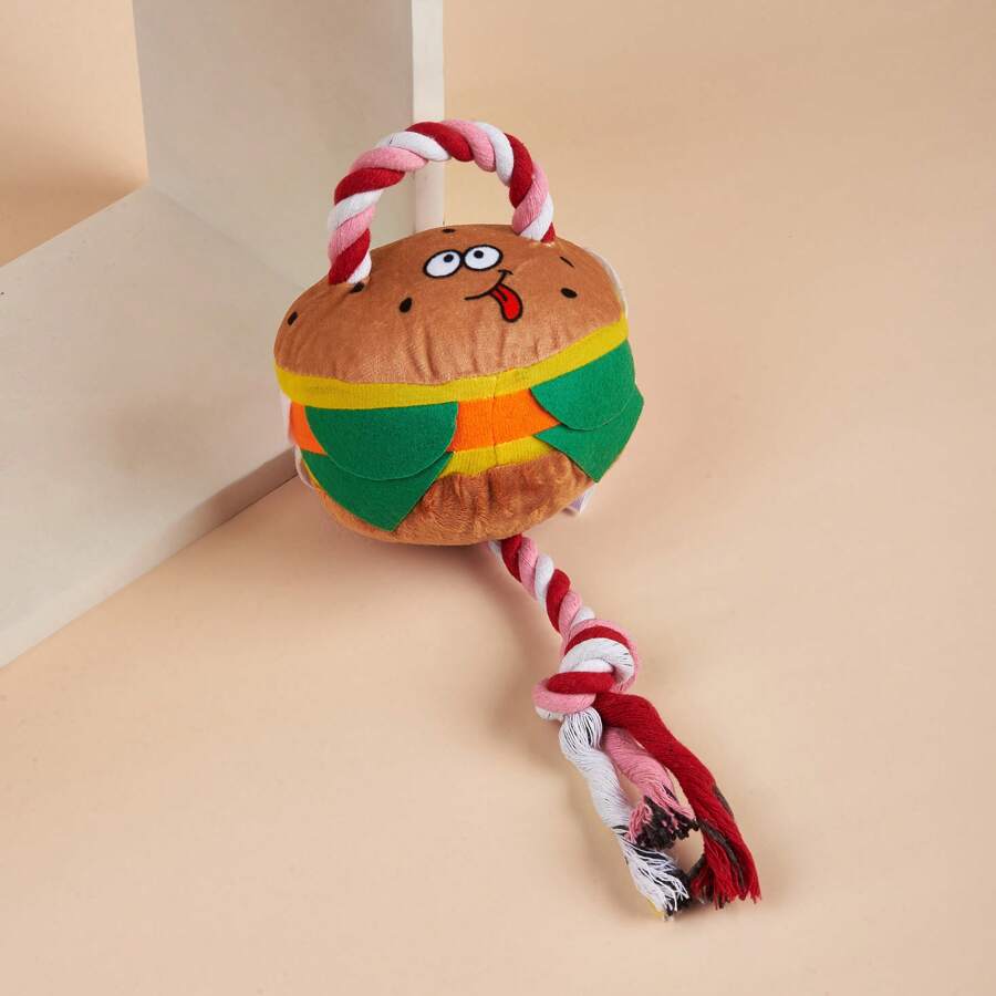 Pet Plush & Rope 2-in-1 Toy, Burger Shaped & Squeaky, For Dogs - Brown - View 1