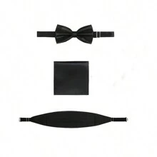 1套裝男士領帶,裝飾方巾,裝飾帶,三件套套裝,婚禮腰帶套裝 - 黑色 - 查看 5
