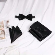 1套裝男士領帶,裝飾方巾,裝飾帶,三件套套裝,婚禮腰帶套裝 - 黑色 - 查看 3