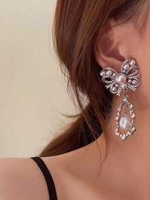 2pcs Vintage Bow Knot & Pearl & Water Drop Pendant Earrings For Women's Daily Wear - 銀色 - 查看 3