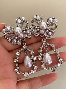2pcs Vintage Bow Knot & Pearl & Water Drop Pendant Earrings For Women's Daily Wear - 銀色 - 查看 5