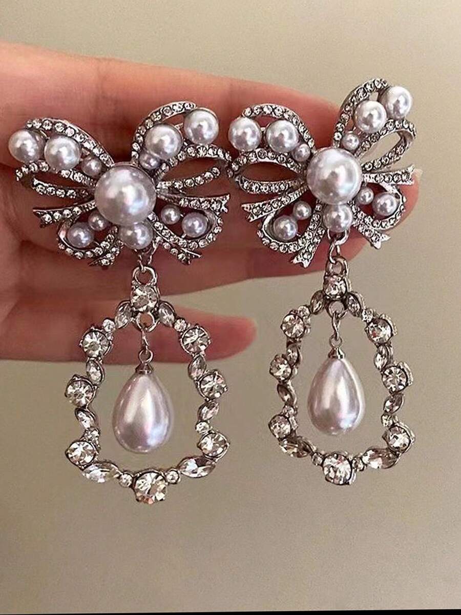 2pcs Vintage Bow Knot & Pearl & Water Drop Pendant Earrings For Women's Daily Wear - 銀色 - 查看 1