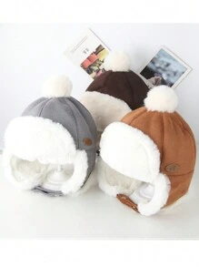 1 件装灰色男女通用冬季护耳无檐便帽，适合幼儿、婴儿，带厚保暖内衬和大毛皮绒球 - 灰色 - 查看 7