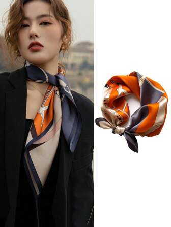 1入女士印花絲巾，時尚頸巾，適合外出和打扮，可作頭巾、頭帶，打造您的穿搭風格