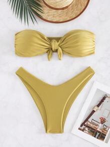 Nuevo llegado Conjunto de bikini de unicolor sexy y de moda para mujer, bandeau sin tirantes con detalle de lazo para el verano