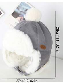 1 件装灰色男女通用冬季护耳无檐便帽，适合幼儿、婴儿，带厚保暖内衬和大毛皮绒球 - 灰色 - 查看 3