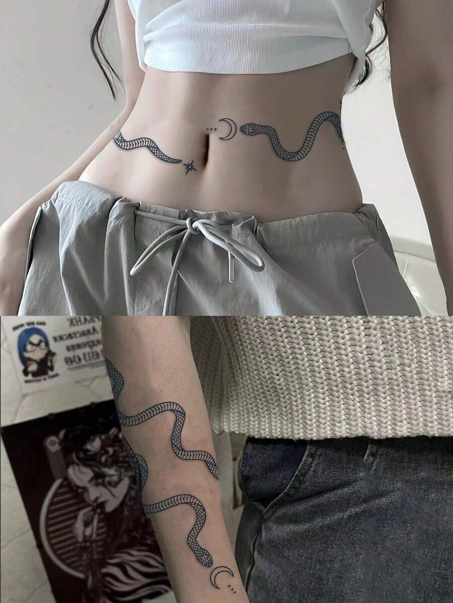 1 件蛇纹临时防水纹身贴纸，男女皆宜。适合手臂、胸部和锁骨 - 黑色 - 查看 1