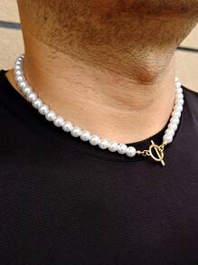 Faux Pearl Necklace Bracelet Set For Men Fashion Jewelry