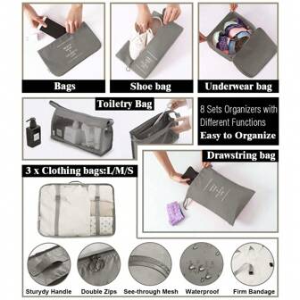 7pcs/8pcs Set Travel Packing Cubes, Clothes Shoes Cosmetics Toiletries Travel Storage Bags (Beige, Blue, Gray, Pink)