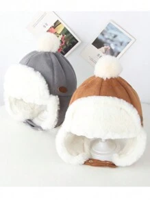 男女通用幼兒嬰兒冬季帽子帶耳罩,厚毛毛絨球保暖毛線帽,駝色 - 駝色 - 查看 5