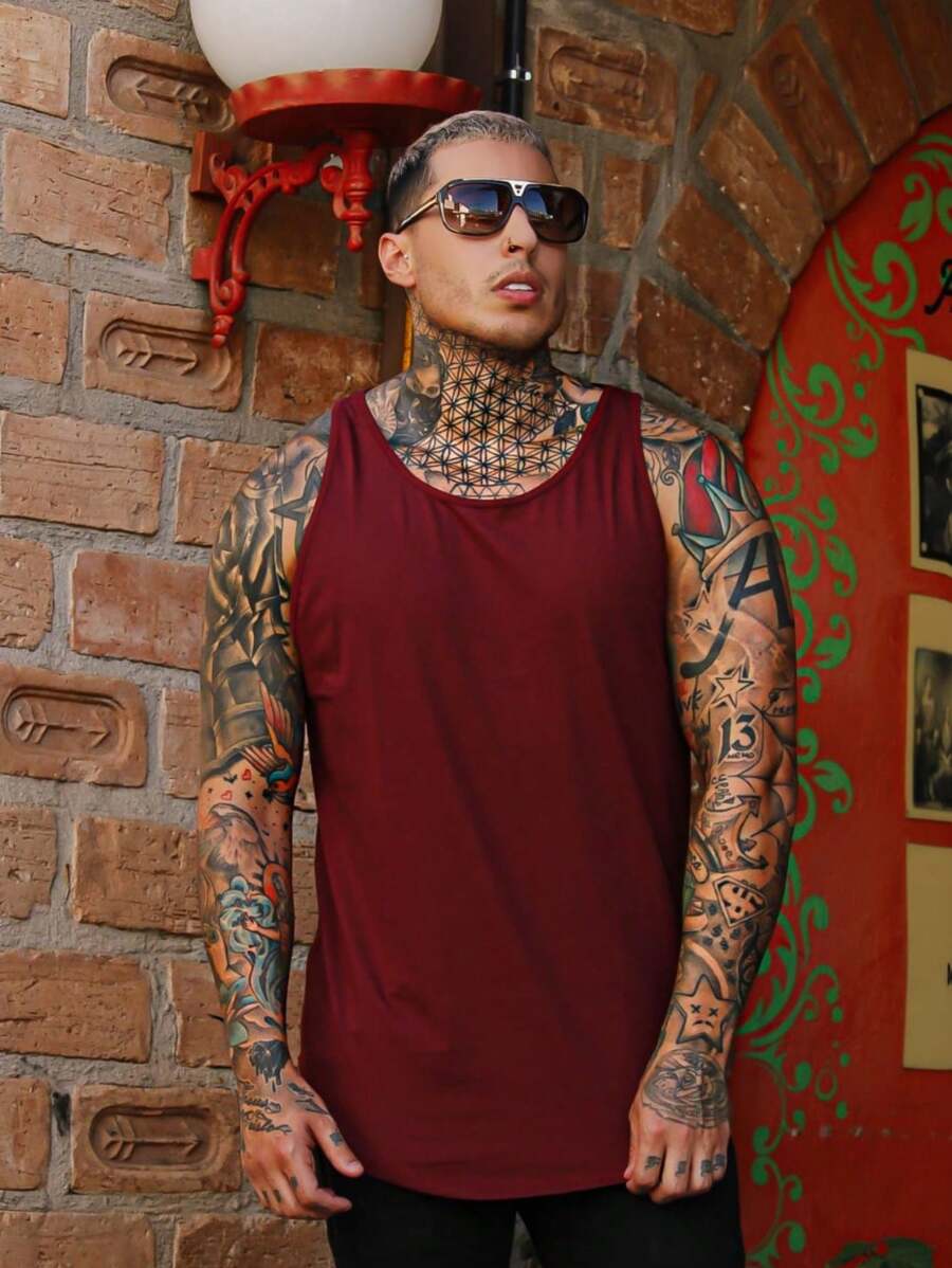 Men Tank Tops - 酒紅色 - 查看 1