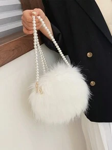 新款冬季纯色毛茸茸迷你包清新甜美仿珍珠链条单肩包时尚斜挎包 - 白色 - 查看 1