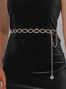 1只女士金屬中空矩形腰鍊,細腰帶 - 銀色 - 查看 1